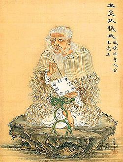 Bilden föreställer Fuxi som håller i de åtta trigrammen.